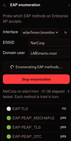 Enumerazione dei metodi EAP in WiFiCatcher